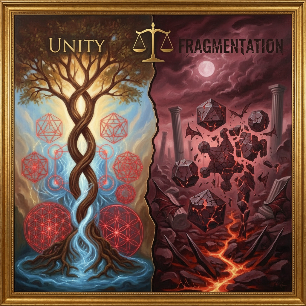 Painting with text UNITY and FRAGMENTATION depicting communal harmony versus crumbling statues.