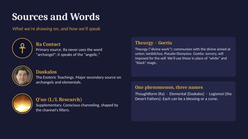 Three sources (Ra Contact, Daskalos, Q'uo) and key terms: theurgy, goetia, thoughtform, elemental, logismoi.