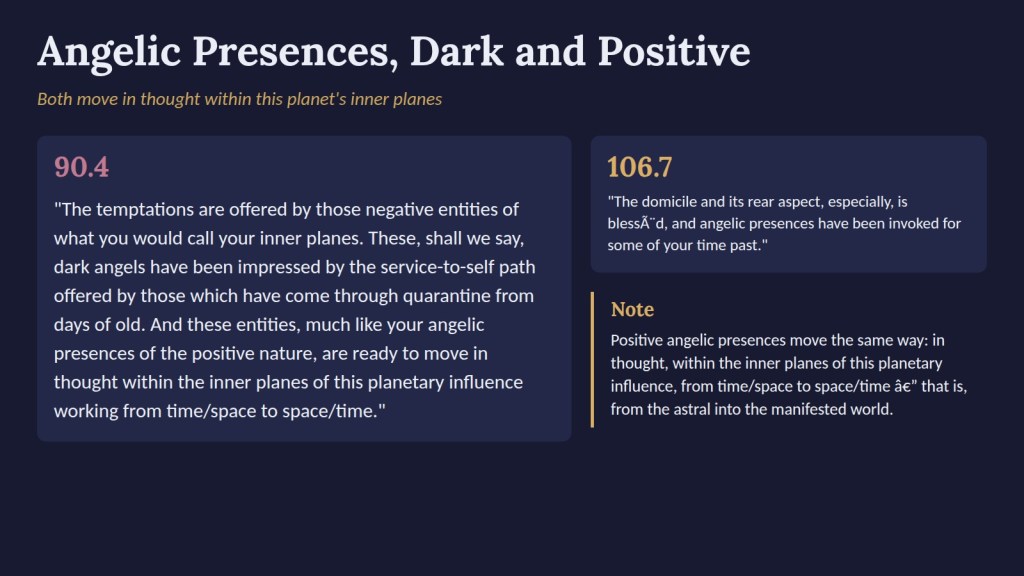 Ra 90.4 on dark angels and positive angelic presences moving in thought, and Ra 106.7 on invoked angelic presences.