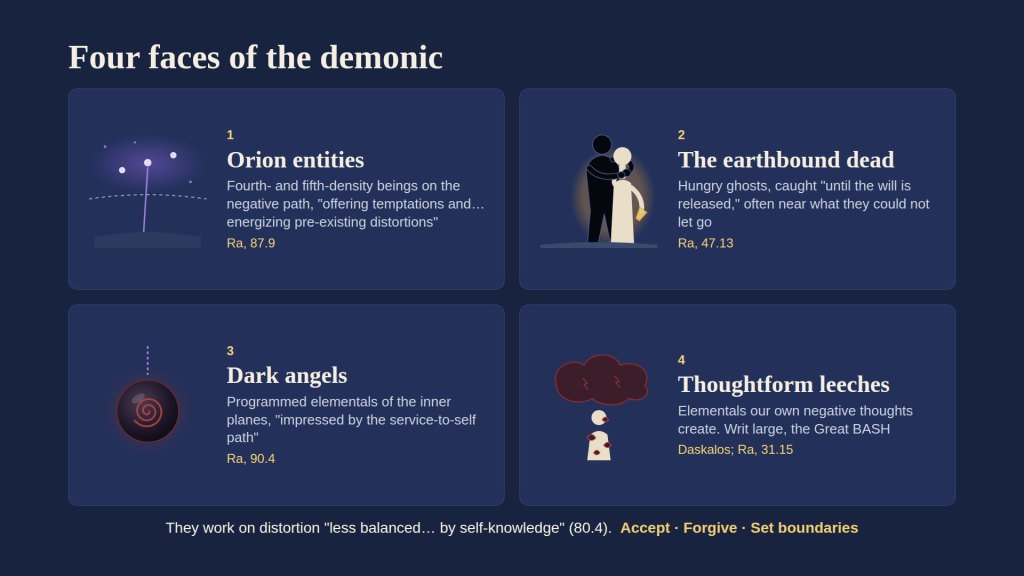 Four faces of the demonic: Orion entities, the earthbound dead, dark angels, and thoughtform leeches, each with a small image.