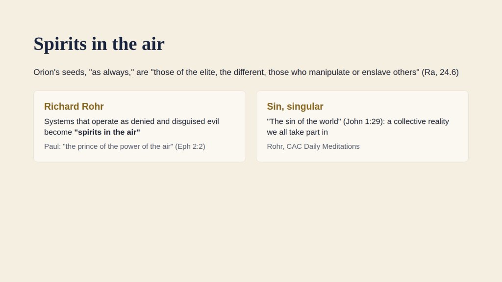 Spirits in the air: Orion's seeds as the elite (Ra 24.6); Richard Rohr on systems as disguised evil and on Sin, singular.
