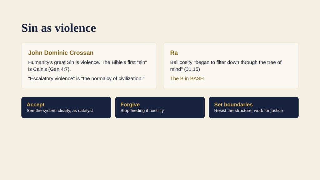 Sin as violence: John Dominic Crossan and Ra's bellicosity (31.15); accept, forgive, set boundaries.