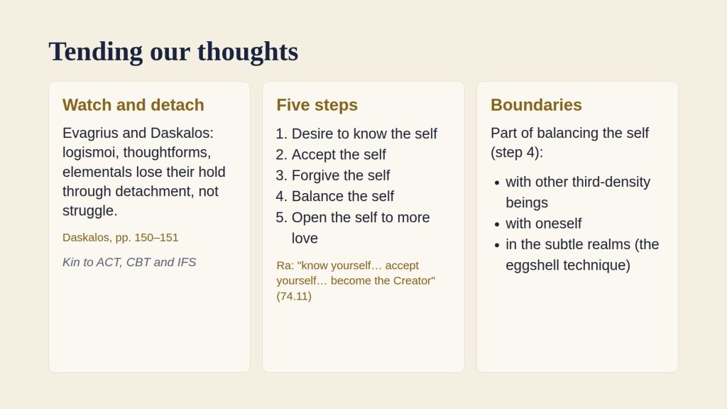 Tending our thoughts: watch and detach; five steps (know, accept, forgive, balance, open to more love); boundaries with others, oneself, and the subtle realms.