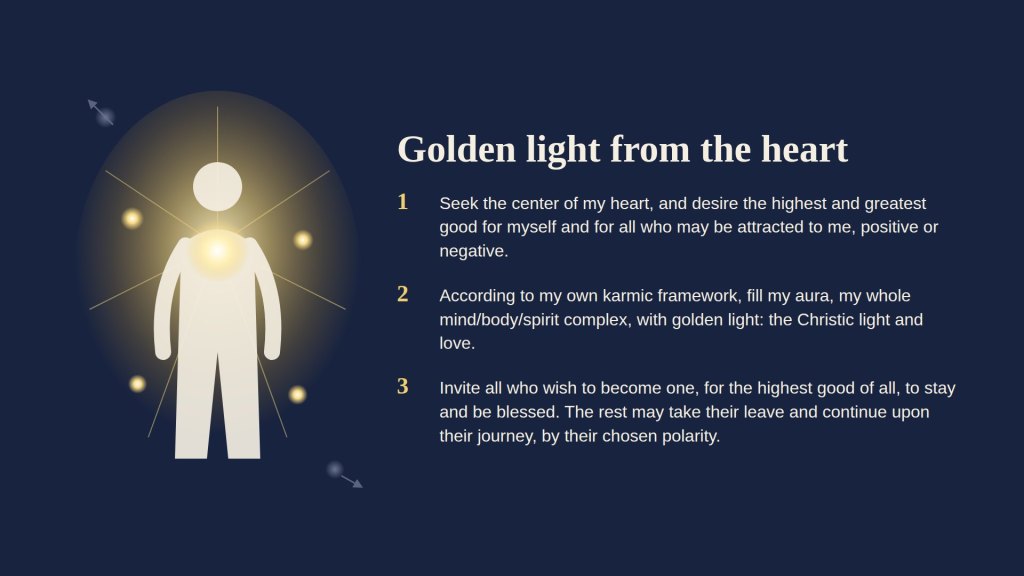 Golden light from the heart: a figure radiating golden light from the heart; golden orbs rest in the aura while dim orbs drift away.