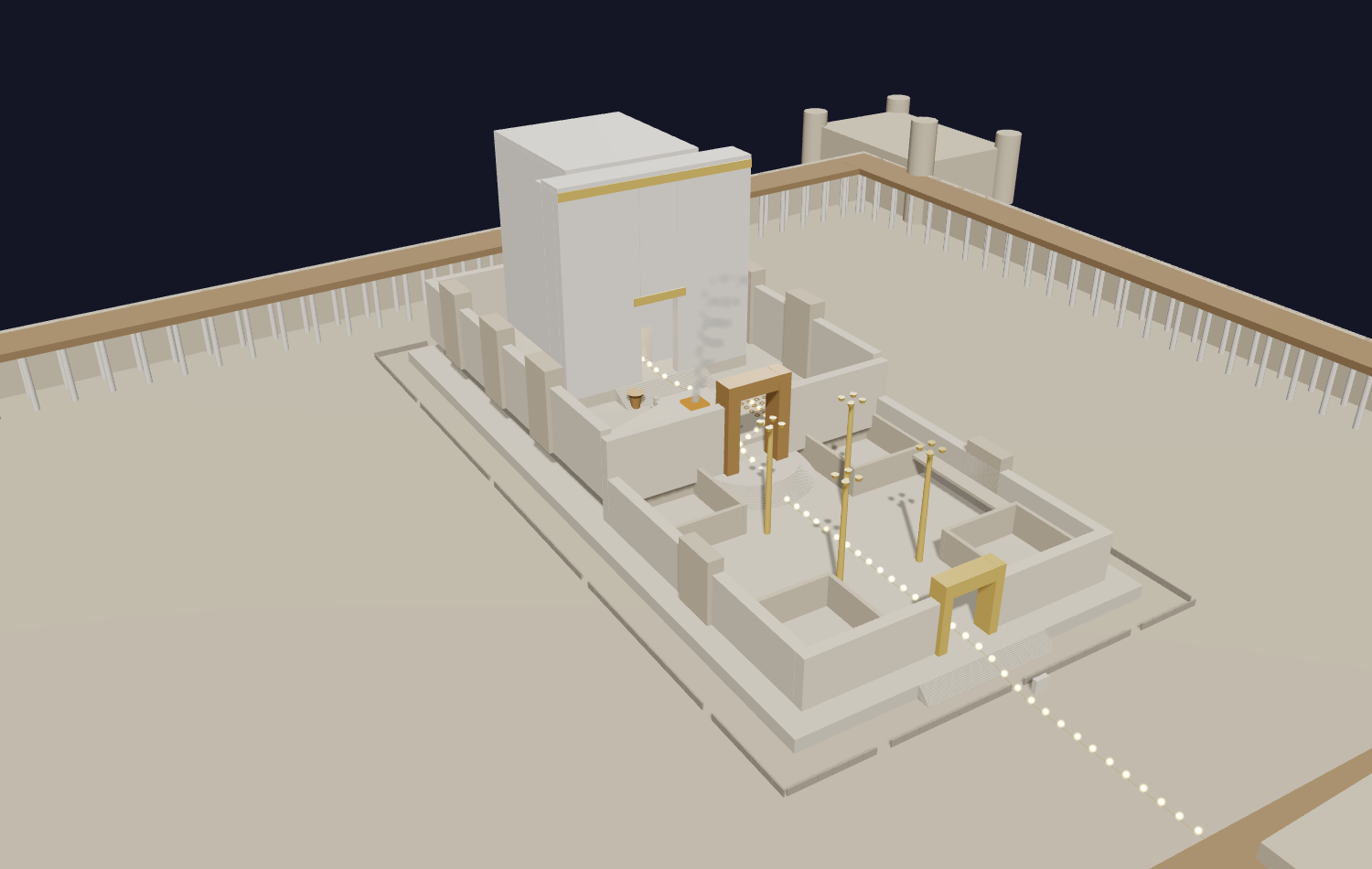 The 3-D model of Herod's Temple seen from the southeast: the Court of the Women with its corner chambers and lampstands in the foreground, the bronze Nicanor Gate, the altar, and the white sanctuary rising behind.