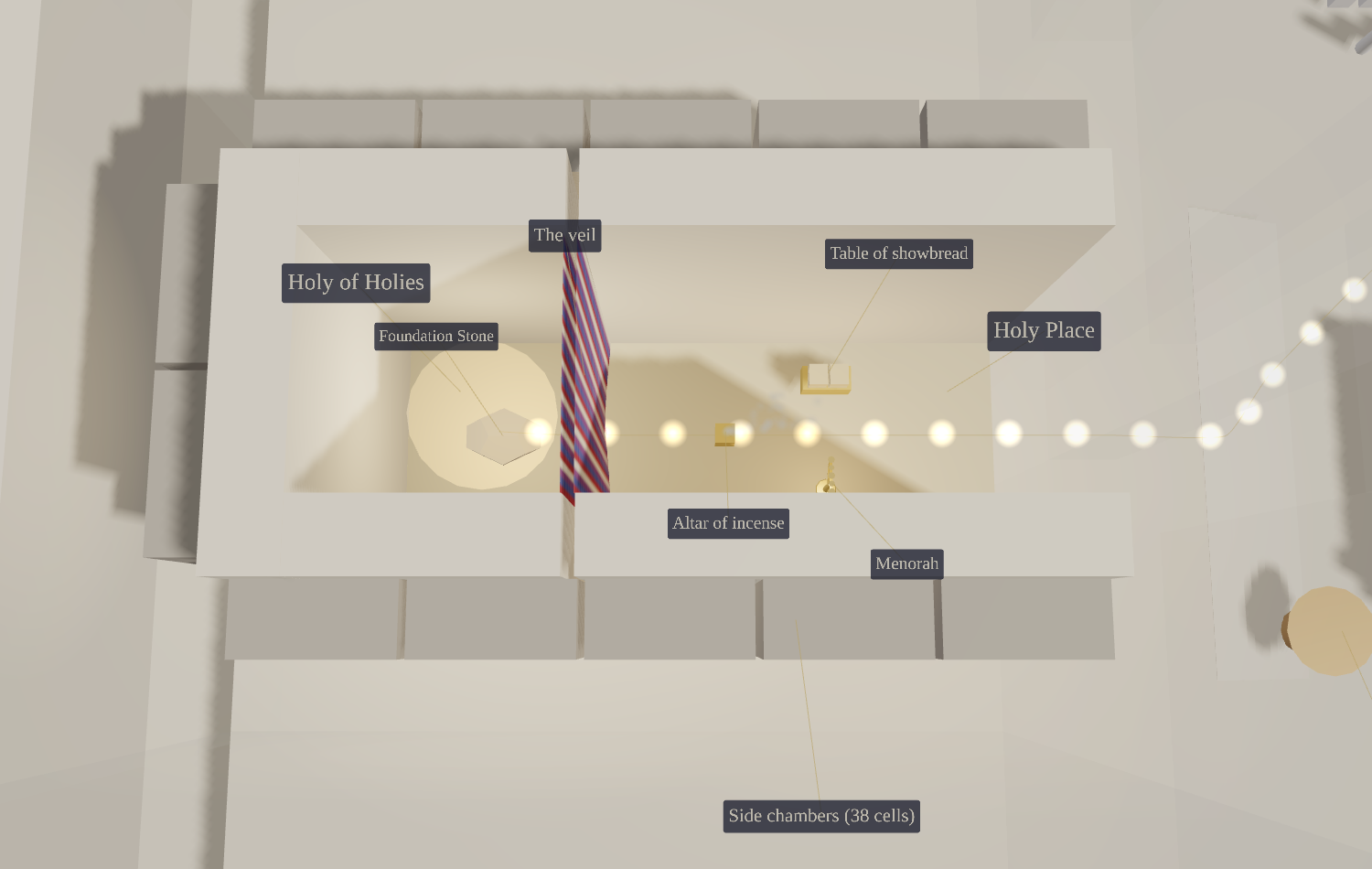 Looking down into the sanctuary of the 3-D Temple: the Holy Place with the menorah, table and incense altar, the double veil, and the Holy of Holies with the bare Foundation Stone glowing at its center.