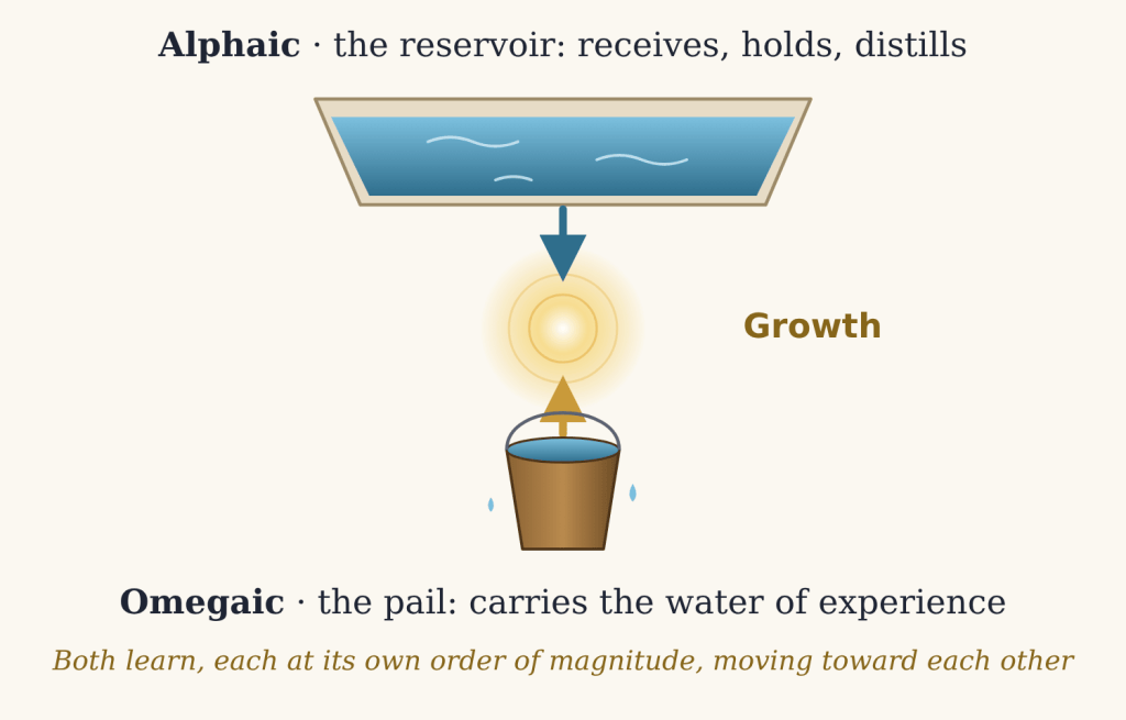 A reservoir labeled Alphaic above and a pail of water labeled Omegaic below; a blue stream reaches down from the reservoir and a gold arrow rises from the pail, meeting in a golden glow labeled Growth.