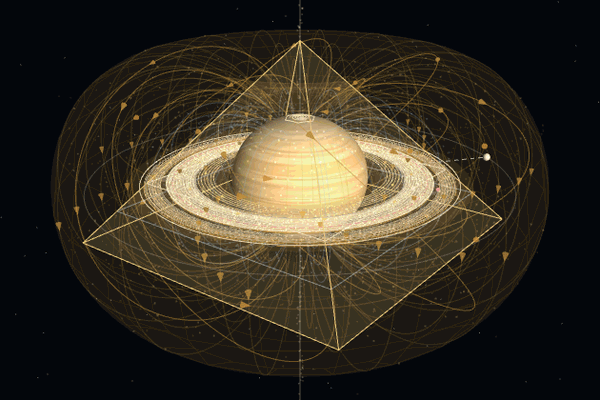 Saturn drawn as a toroidal field: golden field lines loop from pole to pole around the planet, the rings turn in the equatorial plane, and the Great Pyramid is superimposed with its King's Chamber level on the ring plane.