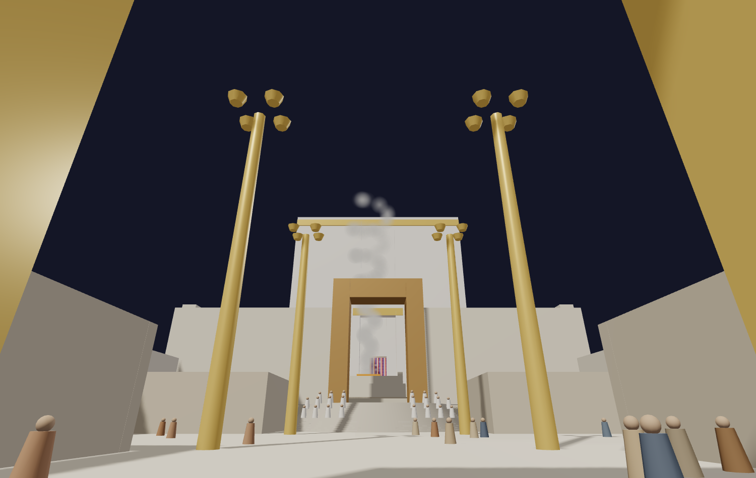 Eye-level view inside the Court of the Women between two golden lampstands, looking west to Levites on the fifteen curved steps, the bronze Nicanor Gate and the sanctuary beyond.