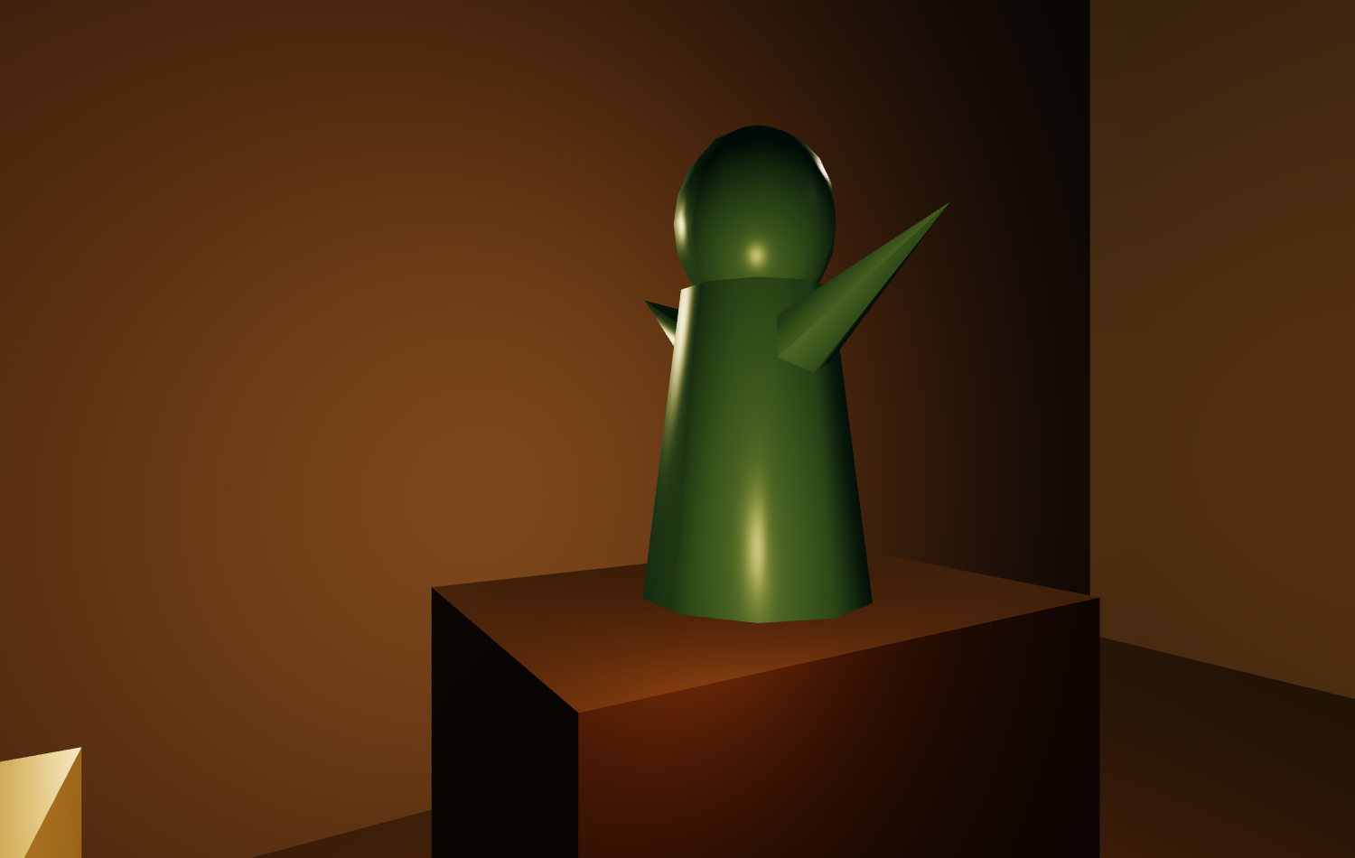 A dark, musty storeroom lit only by a flickering torch: a jade statue of a foreign god on a wooden chest, from Troy Caldwell's meditation.